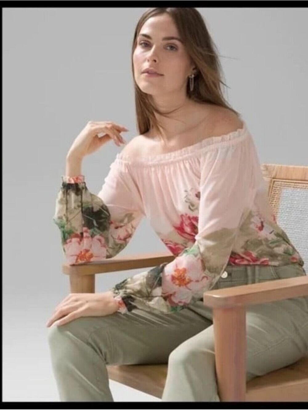 White House Black Market Romantic Floral Chiffon Off-the-Shoulder Blouse Sz: MP